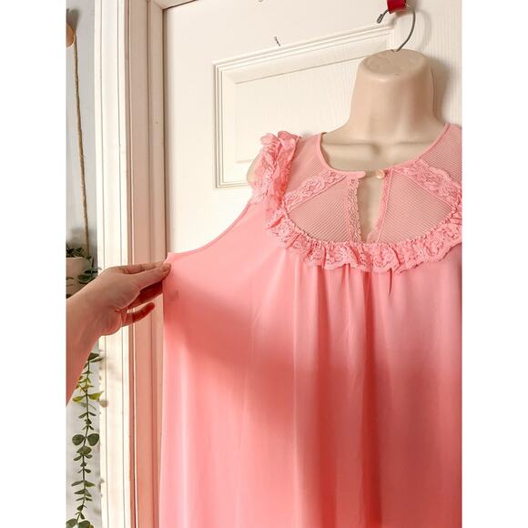 Vintage Shadowline Nylon Nightgown M Medium Pink Short Sleeve Silky Lace Sweep - Picture 5 of 12